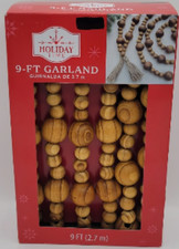 Holiday Time Brown Rustic Natural 9 -FT Wood Bead Garland Christmas New