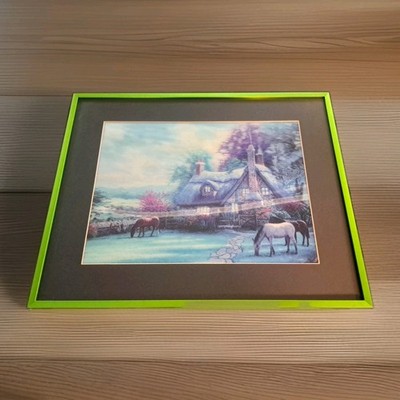 Framed 3D Hologram Picture Countryside Cottage w/ 3 Horses 16'' x 20''