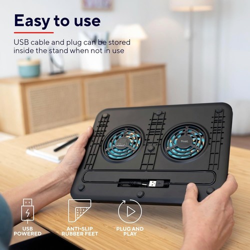 Trust Cyclone Cooling Pad with 2 Fans, Fits 15-16 Inch Laptops , Black 16-inch L - Afbeelding 8 van 9