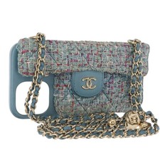 CHANEL iPhone Case Tweed Light Blue CC Auth bs32870