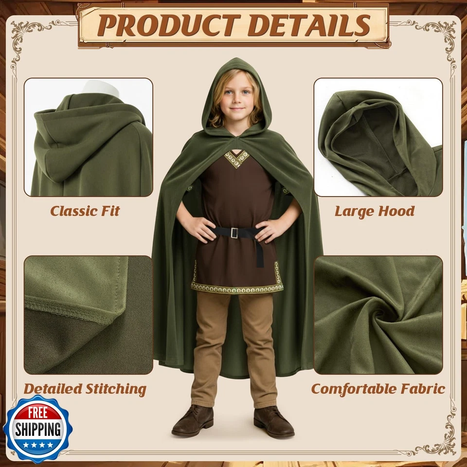 Yearntown 3 шт. детский костюм рыцаря эпохи Возрождения для Хэллоуина, средневековый плащ Hoo - Изображение 3 из 4