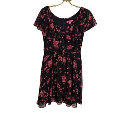 Betsey Johnson Floral Chiffon Flutter Sleeve Ruffle Dress Black Pink Size 8
