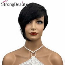 StrongBeauty Short Straight Wig Inclined Bangs Hair Women Synthetic Black Wigs