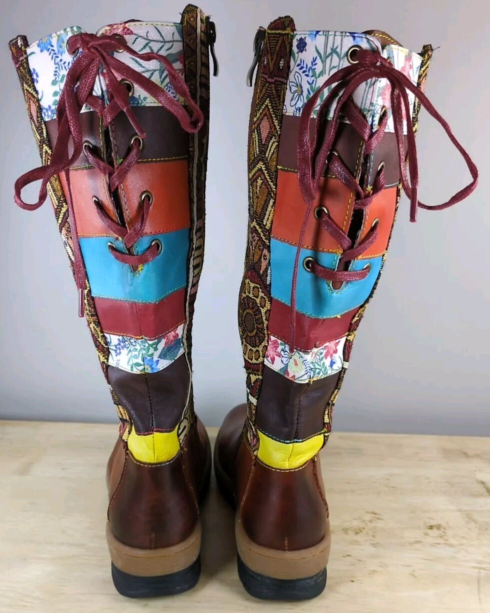 Socofy bohemian splicing pattern womens brown leather boots size EU 38 US 7.5