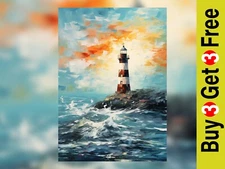 Lighthouse in Sea at Sunrise Oil Painting Print Art Decor 5"x7"