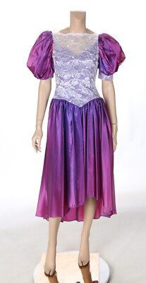 80s purple bridesmaid dress Vintage 80s Wedding Dress Satin Puffy Sleeve main image 1