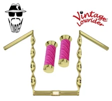 Vtg Lowrider Handlebar Flat Twisted 15" 25.4mm Gold & Grips Velour Swirl Pink.