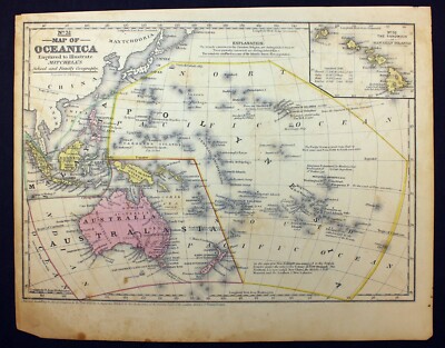 1852 Map Oceanica Australasia Polynesia Color Engraving Mitchell display picture 1