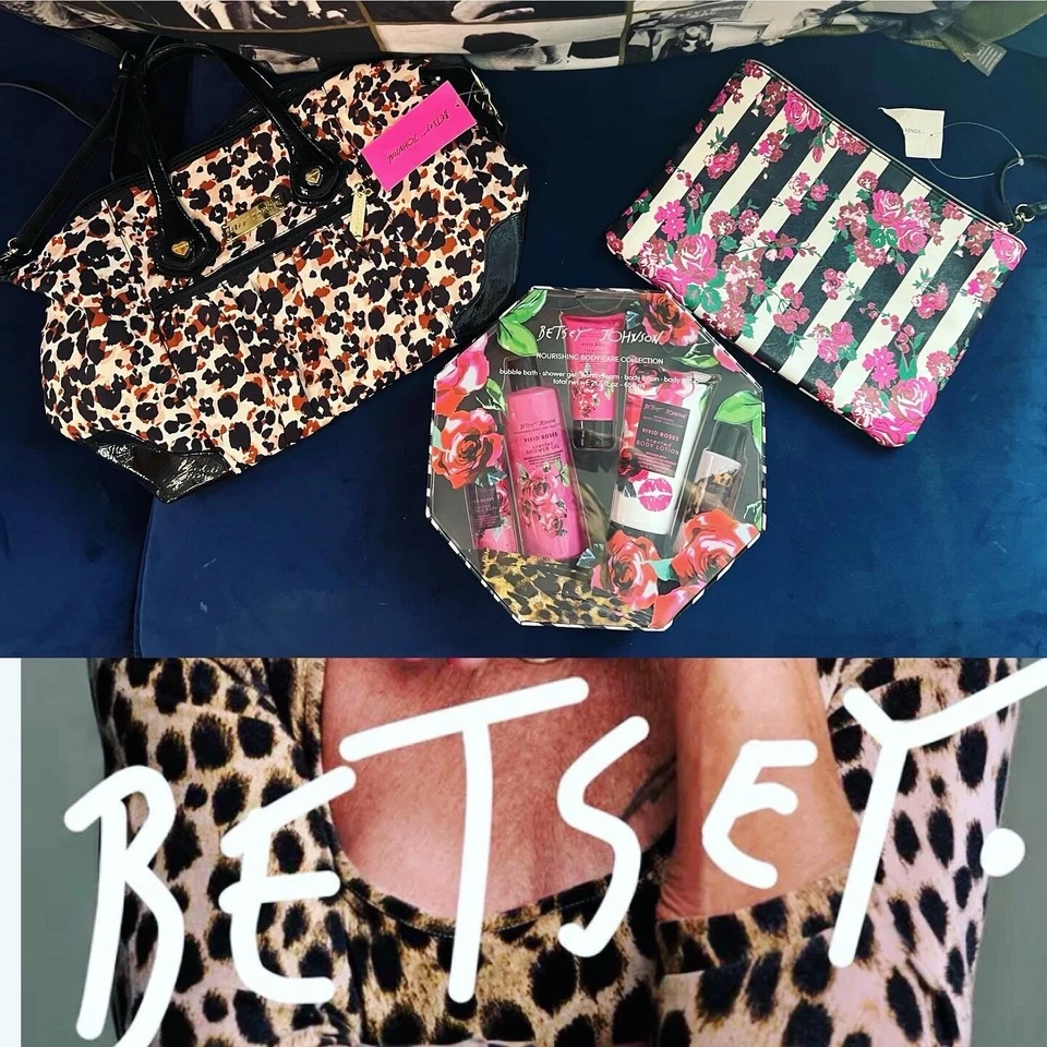 🖤NUEVO CON ETIQUETAS LOTE BETSEY JOHNSON ENORME BOLSO XL MONEDERO MAQUILLAJE LEOPARDO VIAJE Y BAÑO R: $195