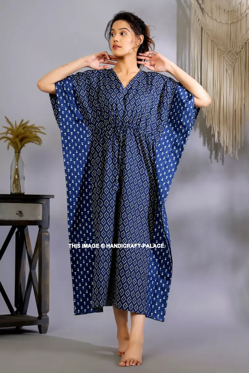 Indian Hand Block Print Long cotton Kaftan Maxi Dress, Blue Hippie Boho  Caftans