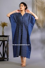 Indian Hand Block Print Long cotton Kaftan Maxi Dress, Blue Hippie Boho Caftans