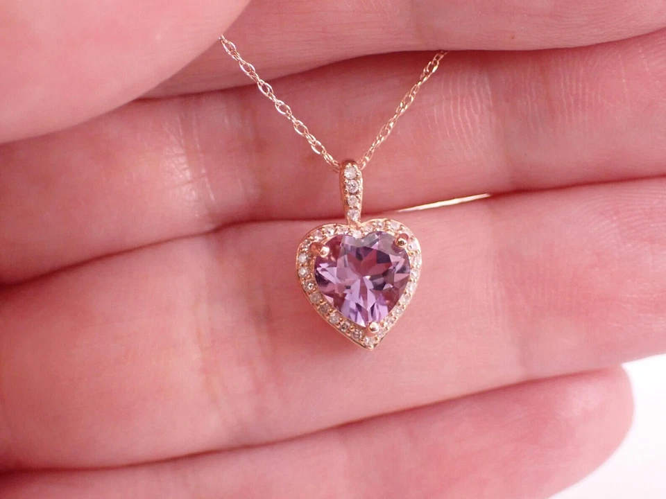 2Ct Heart Cut Lab-Created Amethyst Halo Pendant 14K Rose Gold Plated Free Chain - Image 4 of 4