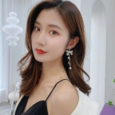 Womens Pearl Earring Zircon Vintage Bowknot Dangling Eardrop Fringed Earpin