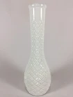 Vintage White Milk Glass Bud Vase 8 1/2” tall, Etched Diamond Patern