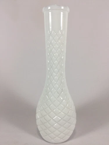 Vintage White Milk Glass Bud Vase 8 1/2” tall, Etched Diamond Patern