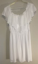Express Bright White Ruffle Collar Dress M Beach Vacation Party Bride Nice!