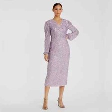 MAC DUGGAL 107641 SEQUINED ILLUSIONS PUFF SLEEVE V-NECK LAVENEDER MIDI DRESS 14