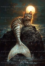 MOONLIT TABBY MERMAID CAT ART PRINT, Siren Poster, Animal Kitty Sea Decor F194