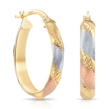 10K Real Solid Tri-Color Gold Diamond-Cut Oval Chunky Italian Hoop Earrings 20MM