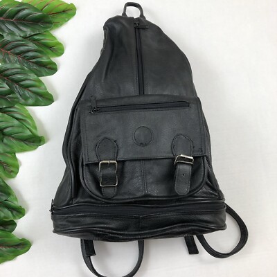 backpack leather triangle Fold toned steel hardware Black Leather Travelers Triangle Backpack