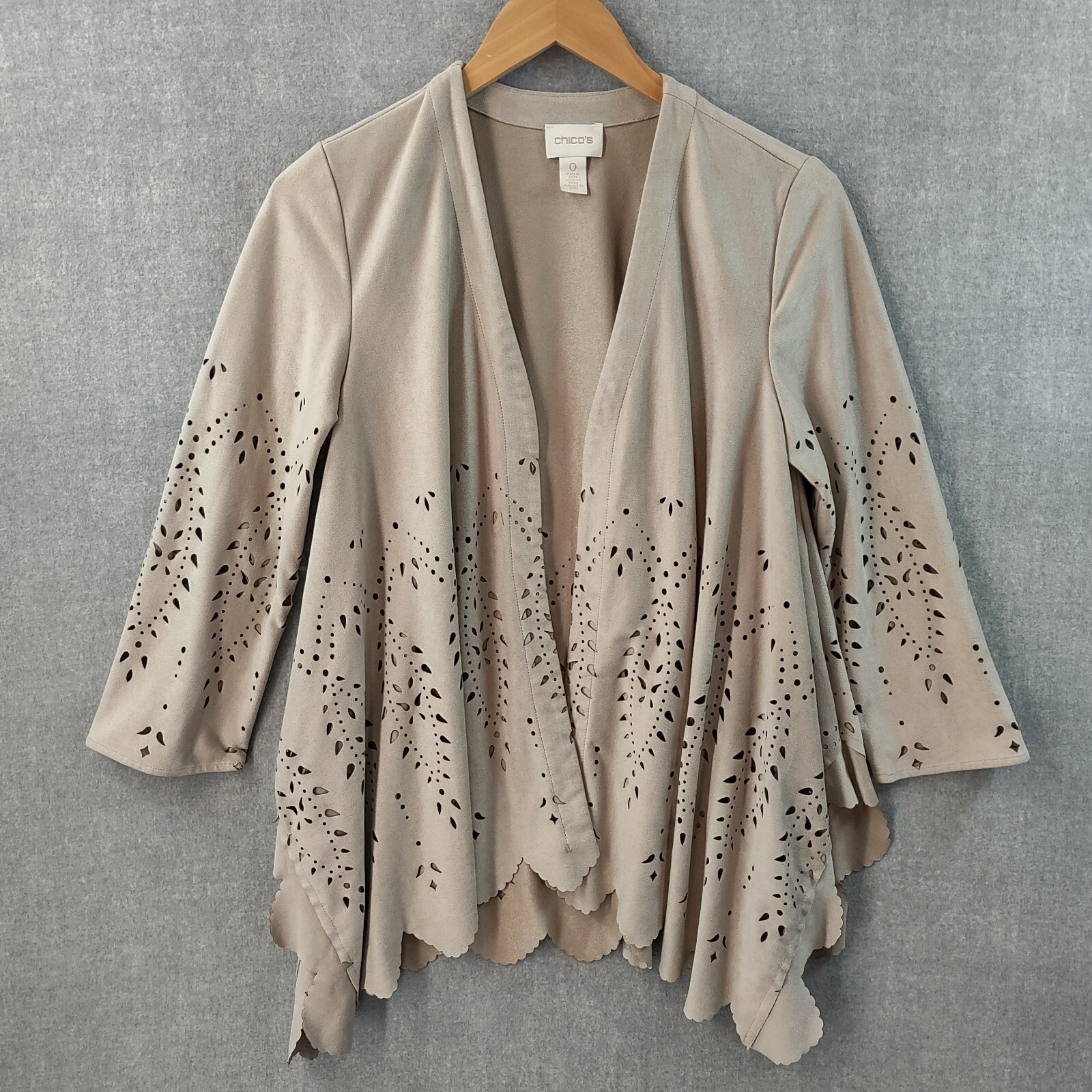 Chicos Jacket Women 0 Sand Beige Western Boho Laser Cut Faux Suede Open Cardigan
