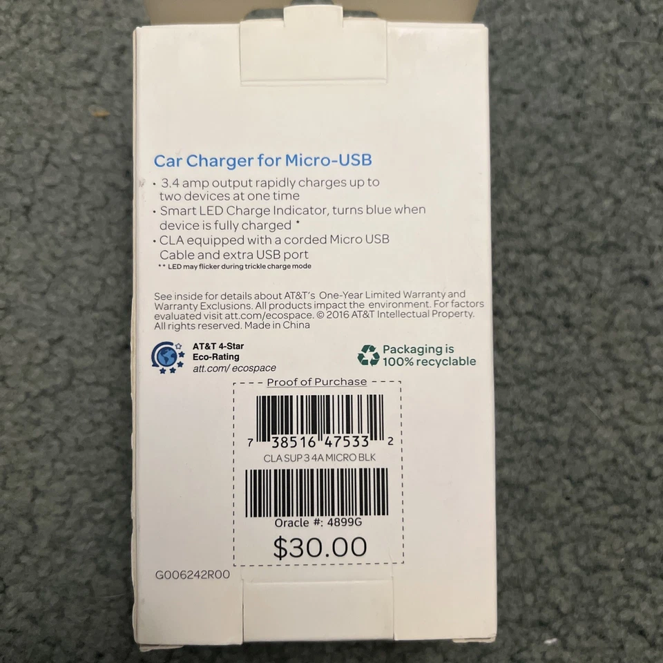 New AT&T Fast 4.8Amp Certified Micro USB Car Charger w/ Extra USB Port - Black - Image 2 of 3