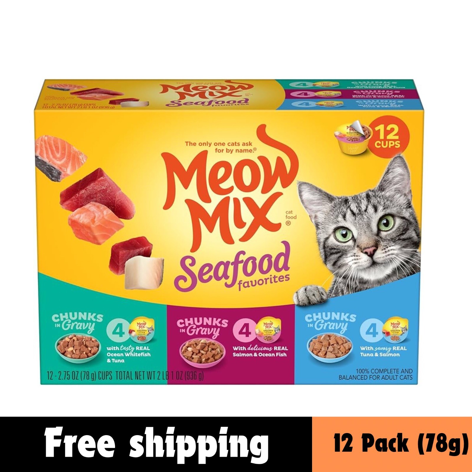 Meow Mix Seafood Favorites Wet Cat Food Variety ,Pack- 12 Cups (2.75 oz each)