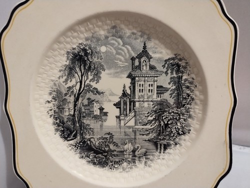 3 Vintage Royal Doulton Creamware Black Transfer Square Plates Pastoral Scenes - Picture 12 of 13