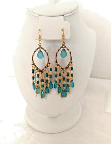 New Fashion Women's Pierced Chandelier Earrings Blue Topaz Color Gold Tone Metal - Picture 12 of 17