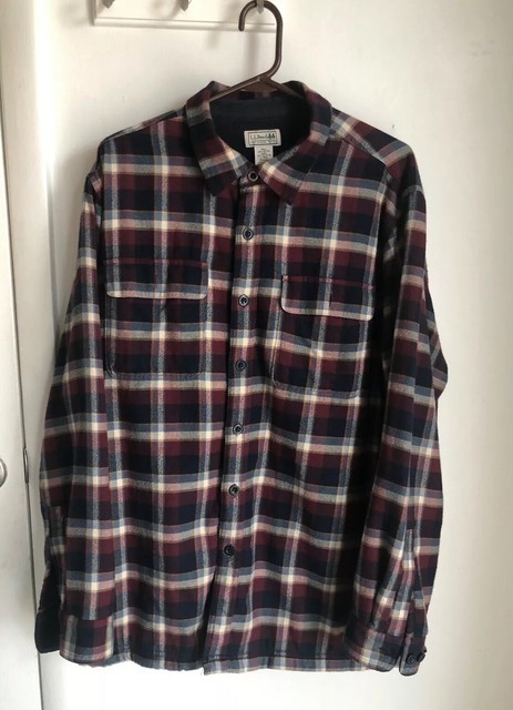 LL Bean Fleece Lined Flannel Button Down Shirt Blue Plaid Traditional Mens Large for sale online 