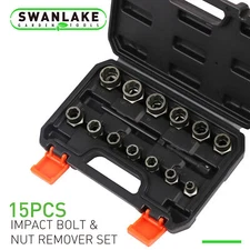 15PC Impact Bolt Nut Remover Extractor Socket Tool Set for Damaged Rusted Frozen