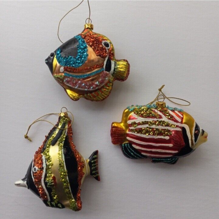 Blown Glass Sequin Tropical Fish Ornaments Set Of 3