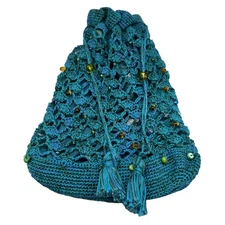 Mesh Crochet Beaded Pouch Bag Turquoise Cinch Top Drawstring Tassel Boho Beachy