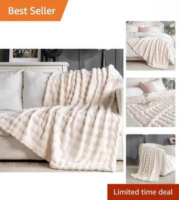 Luxurious Off White Faux Fur Blanket - Cozy Bubble Throw for Winter Comfort