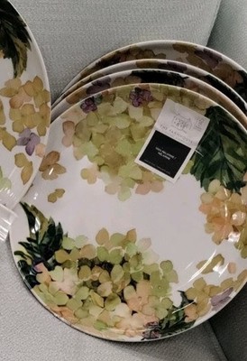 Rachel Ashwell set 4 HYDRANGEA MELAMINE SALAD DESSERT PLATES yellow patio NEW