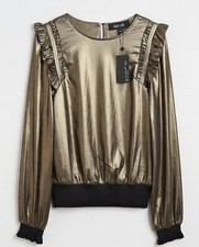 Current Air LA Long Sleeve Black Metallic Ruffled Shoulder Party Top Gold Sz Sm