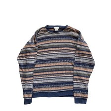 Vintage St Johns Bay Mens XL Tall Striped Crewneck Sweater Blue Tan Made in USA