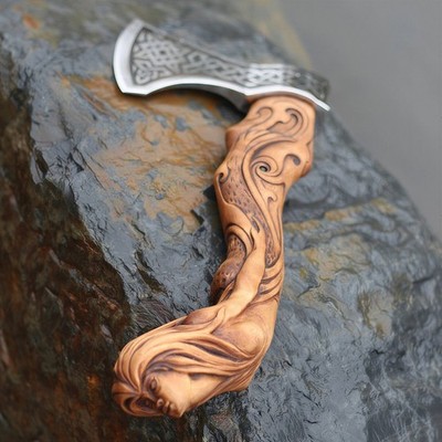 Custom Handmade Carbon Steel Viking Style Mermaid Handle Sculpture Axe