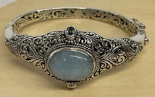 Sarda Bali Sterling Silver Blue Amazonite & Blue Topaz Bangle Bracelet 6.5"-32gm