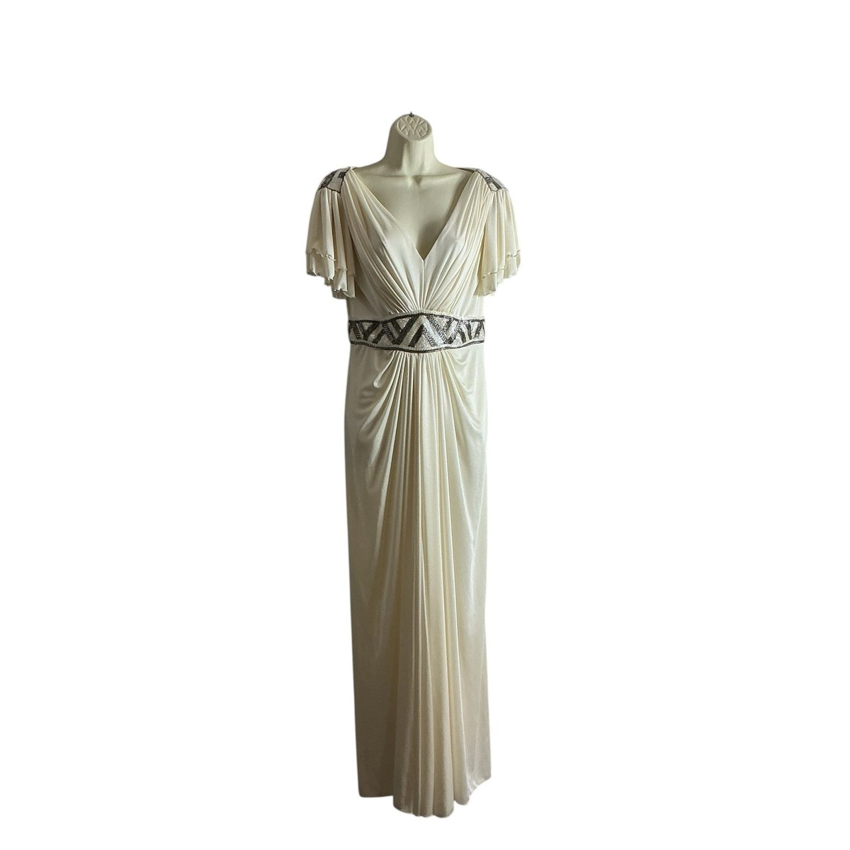Ruth Chagnon Vintage Beaded Draped Flutter Sleeve Cream Maxi Dress Large