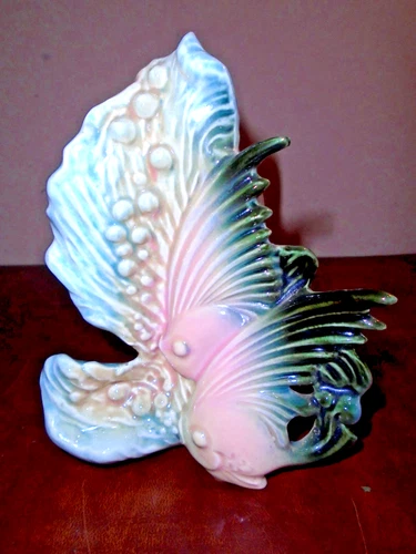 Vintage HULL Pottery EBB TIDE 7" Vase Pink & Black Double Angelfish Aquatic Fish