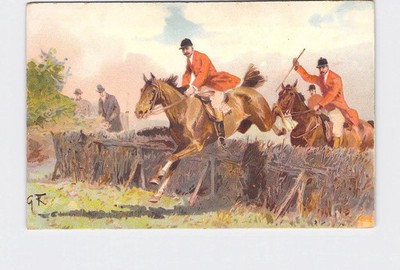 PPC Postcard Steeple Chase Horse Back Riders Jumping Low Fence British Pfb