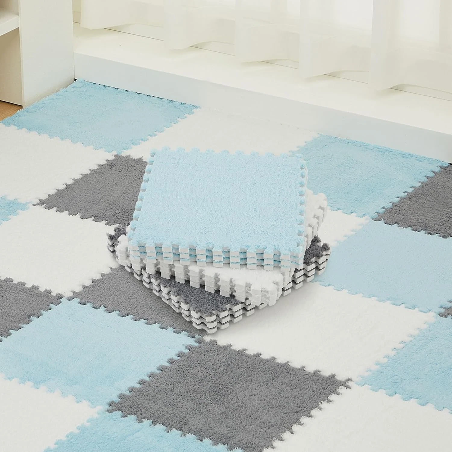 36 Pack Plush Foam Floor Mat Square Interlocking Carpet Tiles with Border Fluffy