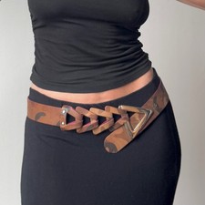 Vintage 2000s MALINI MURJANI Camo Triangle Buckle Leather Belt - Good Condition