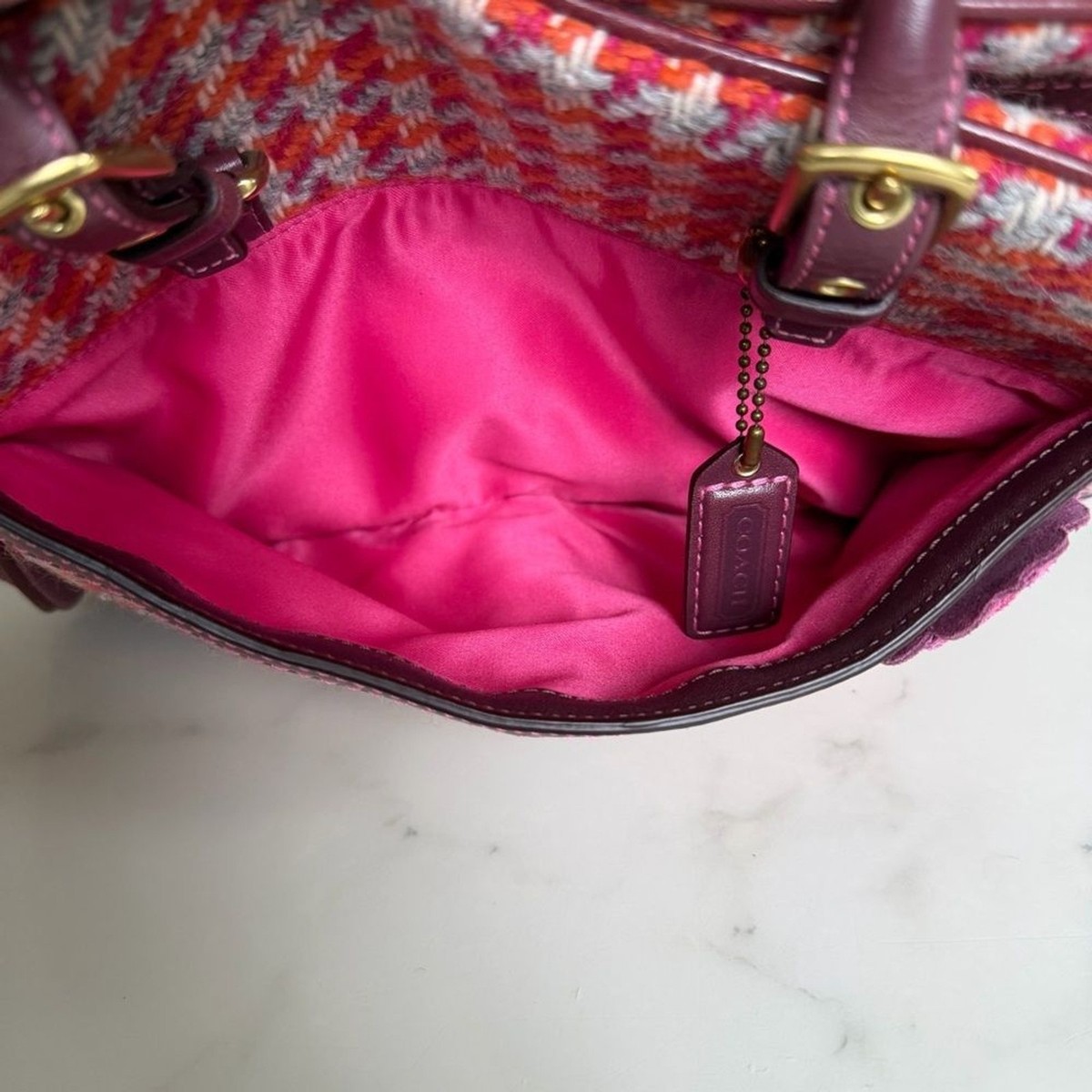 Coach Vintage Y2K Hamptons Houndstooth Tweed Satchel Leather Suede