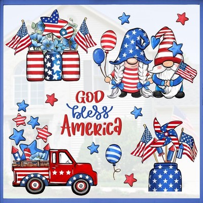 4th of July God Bless America Patriotic Window Clings 4 Sheets, USA Gnome Tru...