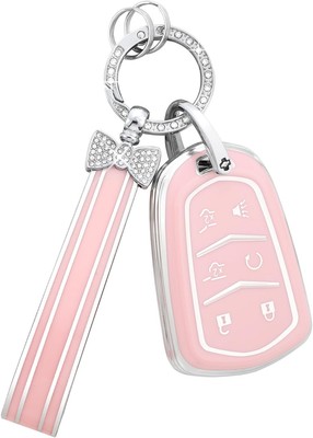 PIFOOG for Cadillac Escalade Key Fob Cover 2015-2020 Pink and Big Silver Edge 