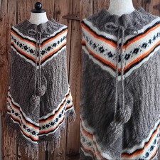 Vintage Crocheted Handmade Poncho Boho Earthy Stripes Fringe Pom Pom Ties A