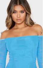 Pretty Little Thing Blue Ruched Mesh Bardot Off Shoulder Cargo Bodysuit