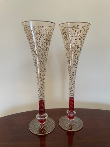 Pair of Vintage Venetian Tall Champagne Flutes-Gilt Gold Color Scroll